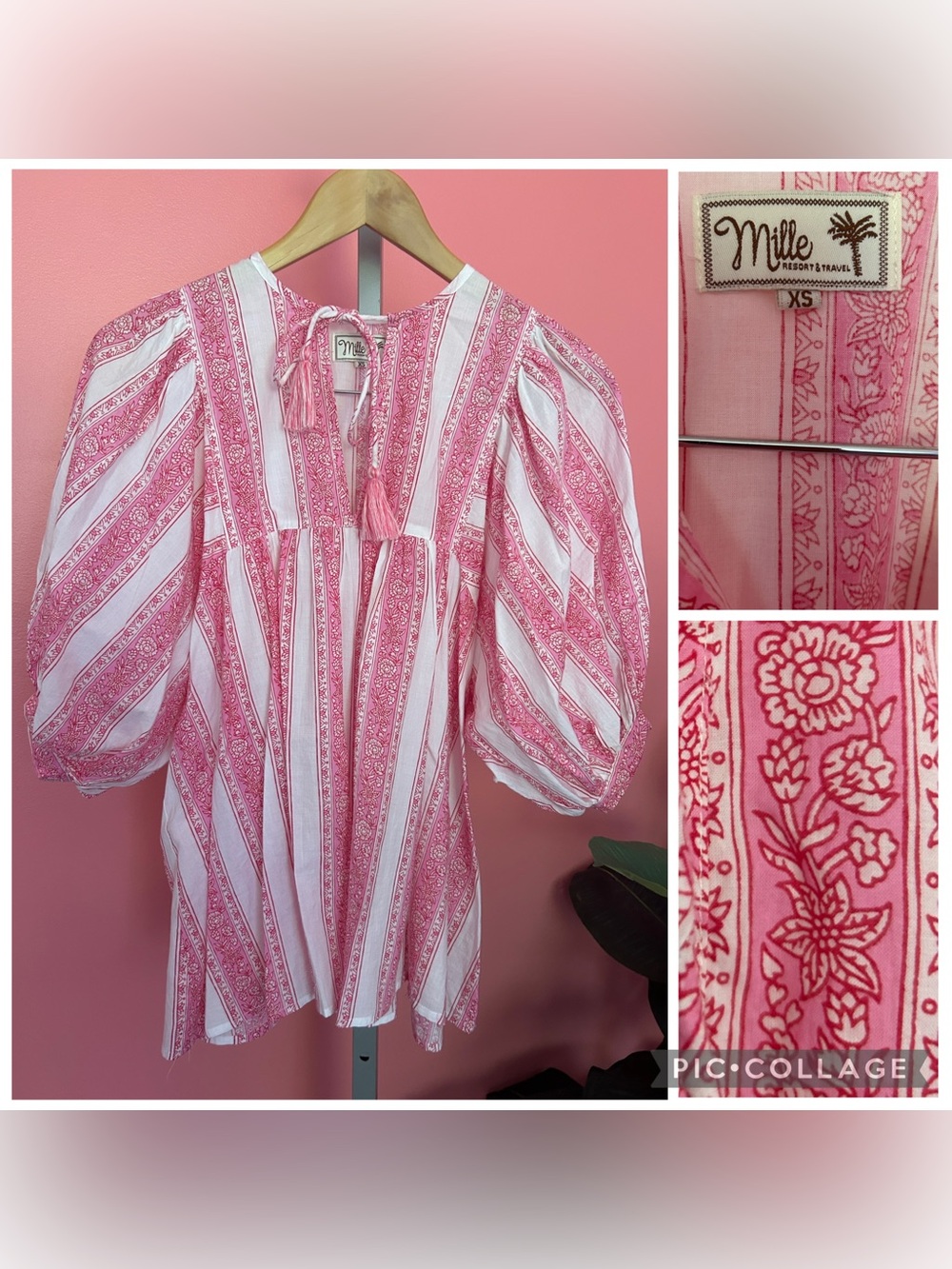 LIKE NEW Mille Resort & Travel Charlie Blouse XS Pink White Block Print